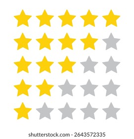 Five stars icon Vector.  Five stars review rating vector illustration. rating star icon. review icon. Set of different ratings. Vector illustration
