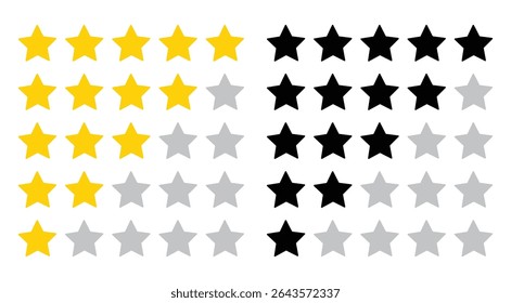 Five stars icon Vector.  Five stars review rating vector illustration. rating star icon. review icon. Set of different ratings. Vector illustration
