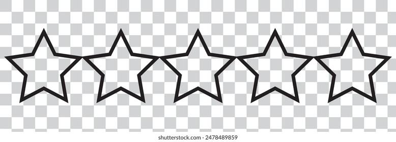 Cinco estrellas icono Vector. Icono de estrella colección. Iconos vectoriales de estrella en blanco con sombra. Las estrellas de línea negra se maquetan aisladas sobre fondo transparente. elemento de diseño de Vector