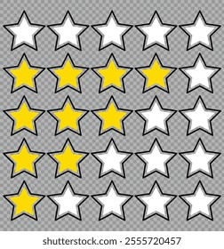 Five stars icons set. Simple rounded star rating. Customer satisfaction review concept. Star rating vector illustration.