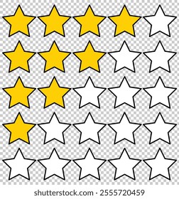 Five stars icons set. Simple rounded star rating. Customer satisfaction review concept. Star rating vector illustration.