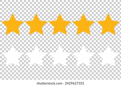 Five stars isolated on transparent background. 5 gold and white stars for review, rating and rank. Yellow and white flat icons with shadows. Vector illustration. Eps file 534.