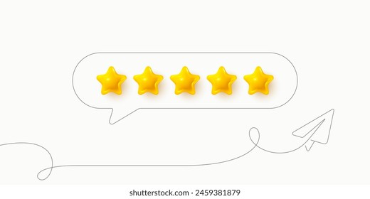 Five stars journey review banner. 5 stars rate banner. Journey rating feedback with paper plane. Social media five 3d stars background. Continuous line paper plane. Vector illustration