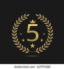 Five stars label. Golden laurel wreath icon, Hotel apartment sign
