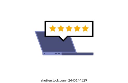 Five stars, laptop icon. Feedback, review, evaluation customer. Premium quality. Gold, Yellow rating star. Vector illustration