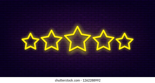 Five stars. Light, bright neon banner at brick wall. Excellent quality rating. Vector, isolated, eps10.