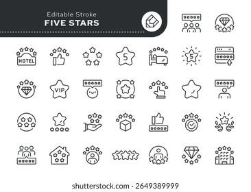 Five stars line icon set. Star, quality, rating, satisfaction, 5 stars, premium, excellence, feedback, rewiew, vip and more. Outline icon in linear style. Vector collection.	
