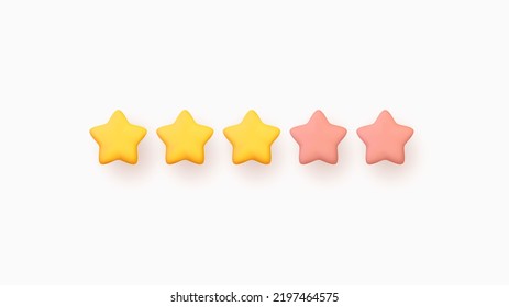 Five stars, matt yellow and pink colors. Customer rating feedback concept from the client about employee of website. Realistic 3d design of the object. For mobile applications. Vector illustration