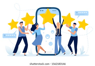 Five Stars Mobile App Feedback. Customers Satisfaction, Clients Leave Five Star Rating And Positive Feedback. Choice Rating Review App, Customer Reviews Flat Vector Illustration