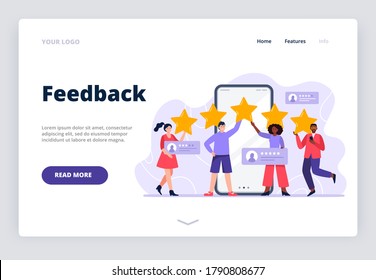 Five stars mobile app feedback. A multiethnic group of people evaluating app, product, service. Landing page template with user experience feedback concept. Trendy vector flat illustration.