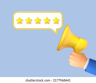 Five stars on speech bubble comes out of loudspeaker held by hand. Megaphone and speech bubble with five star rating. Customer review. Feedback concept. Vector 3d illustration
