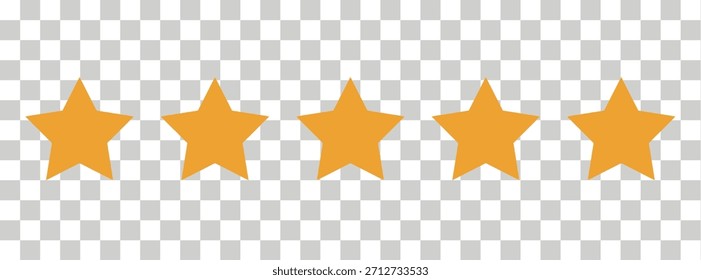 Five stars on transparent background. Five stars customer quality product rating sign. Yellow five stars symbol. Customer feedback concept. flat style.