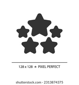 Icono de glifo negro perfecto de cinco estrellas. Alta calificación de productos de la empresa. Comentarios de los clientes sobre la calidad del servicio. Símbolo de silueta en el espacio blanco. Pictograma sólido. Ilustración aislada del vector