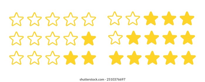 Ícone de classificação de qualidade de cinco estrelas. Conceito de feedback do cliente. Ícone de feedback de estrelas de classificação define ilustração vetorial.