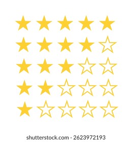 Five stars quality rating icon collection. Stars rating review icon. Five star rating, positive feedback icons. Customer review with five metallic golden stars.