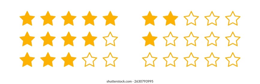 Five stars quality rating icon. Customer feedback concept. Vector isolated flat illustration for web design. Rating stars feedback icon set