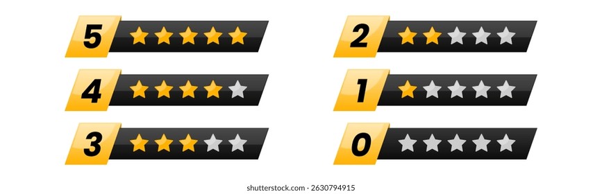 Five stars quality rating icon.Modern Customer feedback concept. Vector isolated realistis illustration for web design. Rating stars feedback icon set