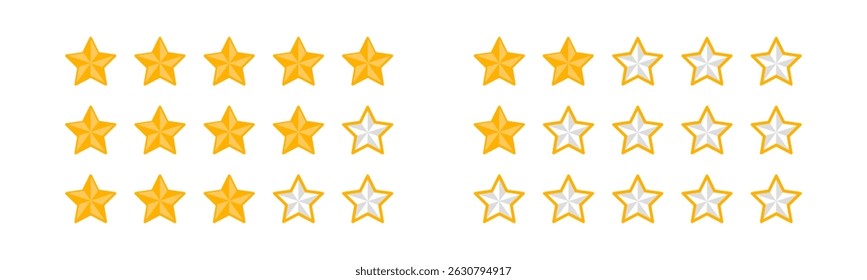 Five stars quality rating icon.Modern Customer feedback concept. Vector isolated realistis illustration for web design. Rating stars feedback icon set