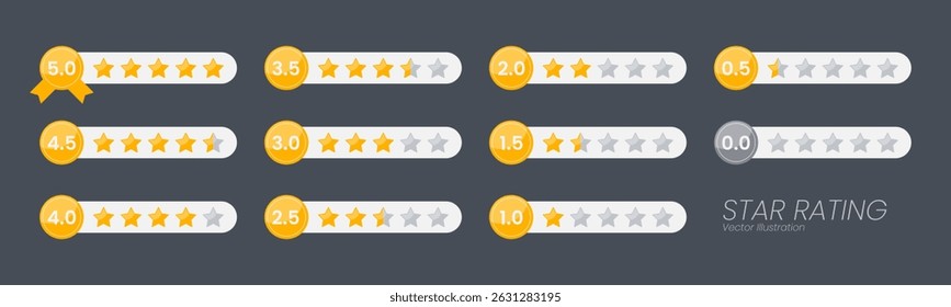 Five stars quality rating icon.Modern Customer feedback concept. Vector isolated realistis illustration for web design. Rating stars feedback icon set	