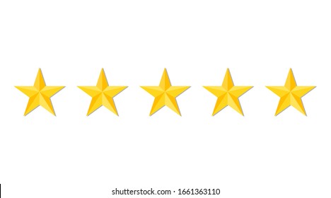 Five stars quality or rating product on white background. Gold stars for restaurant, hotel premium level. Luxury service. Feedback, evaluation, criticism, satisfaction of customer. Top ranking. Vector