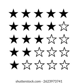 Five stars quality rating review, feedback sign icon collection. Five star rating, positive feedback icons. Customer product rating, review with five black stars.