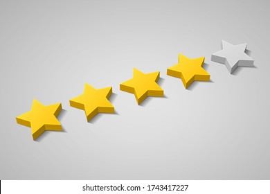 Five stars of ranking. Four gold stars and one gray stars are over gray background. Concept of good client reviews, positive customer feedback, high user rating