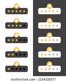 Five stars of rate. 5 stars of review and rating icons. Gold stars on bar for rank classification. Vector. One and three star marks in flat of customer opinion and evaluation. Graphic vote buttons.