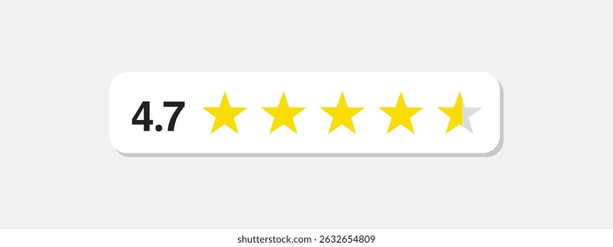 Five stars rate icon. 4,7 stars customer product rating review flat icon. Customer review with five yellow stars. Service satisfaction, quality, good rate vector illustration