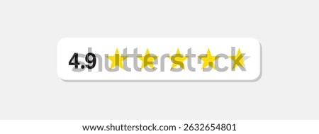 Five stars rate icon. 4,9 stars customer product rating review flat icon. Customer review with five yellow stars. Service satisfaction, quality, good rate vector illustration