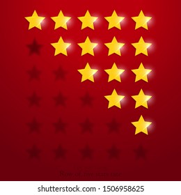 Five stars rate row collection, rank status elements, statistic review, rating chart. Flat cute cartoon golden stars set for web and print  