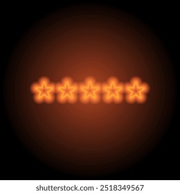 Fünf Sterne, bewerten Sie einfache Icon-Vektor. Flaches Design. Orangefarbenes Neon auf schwarzem Hintergrund.ai