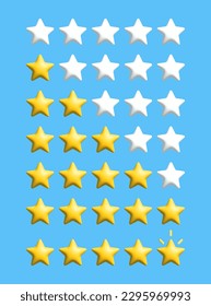 Five stars rating 3d realistic icon. Yellow and white stars with soft glare. Customer feedback, statistic, achievement concept. Vector illustration isolated on blue 