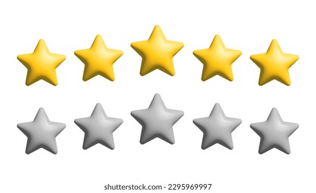 Five stars rating 3d realistic icon. Yellow and grey stars with soft glare. Customer feedback, statistic, achievement concept. Vector illustration isolated on white