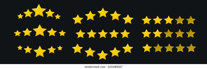 Five Stars Rating. Black background. Set of 5 stars rate review.