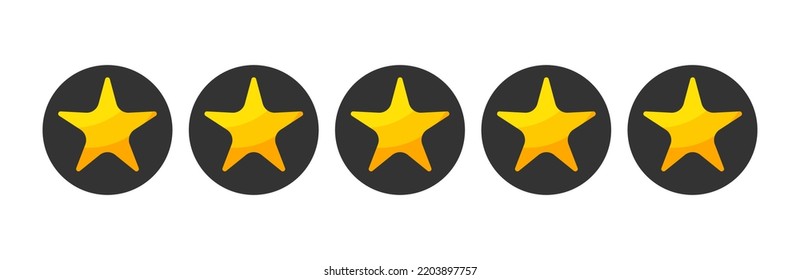 Botón de clasificación de cinco estrellas. Estrellas amarillas en círculos oscuros. Evaluación de la retroalimentación en el vector