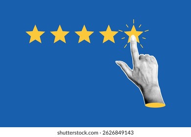 Five stars rating with clicking hand. Halftone woman’s hand pressing review popup on visual screen, positive customer feedback. Vector illustration