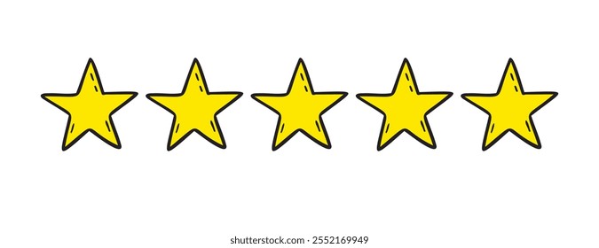 Five stars rating doodle icon. Gold star icon hand drawn isolated on a white background . Vector illustration