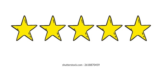 Five stars rating doodle icon. Gold star icon hand drawn isolated on a white background . Vector illustration
