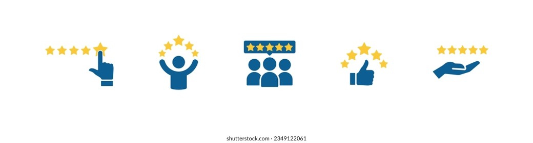 Five stars rating. Feedback vector set. Happy client. Customer satisfaction. Positive evaluation. Best rate. 