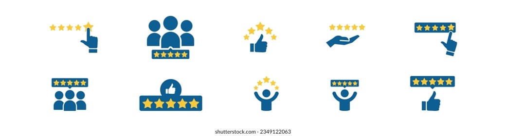 Five stars rating. Feedback vector set. Happy client. Customer satisfaction. Positive evaluation. Best rate. 