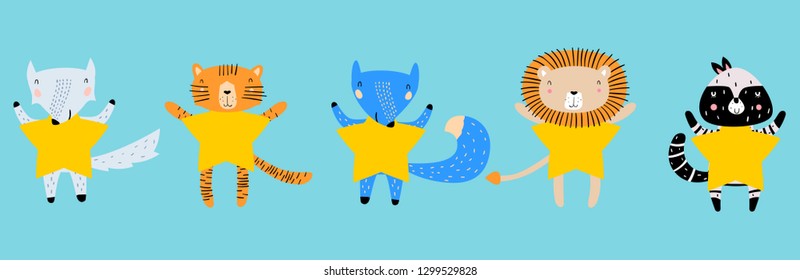Five Stars Rating Flat Style Concept. Animals with Stars. Customer Review or Feedback Consumer Evaluation, Satisfaction Level and Critic Icons for Service or Product