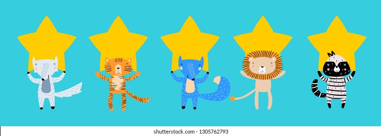 Five Stars Rating Flat Style Concept. Animals with Stars. Customer Review or Feedback Consumer Evaluation, Satisfaction Level and Critic Icons for Service or Product