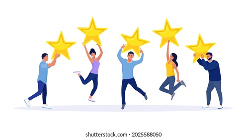 Clasificación de cinco estrellas. Feliz salto la gente está sosteniendo estrellas de reseña sobre sus cabezas. Calificación de revisión del cliente, comentarios del cliente, nivel de satisfacción. Ilustración del vector