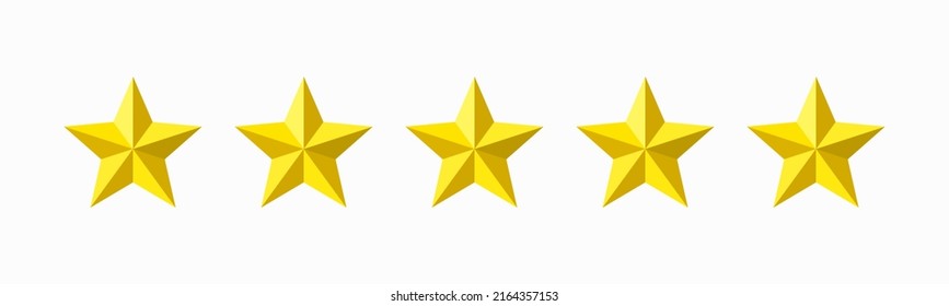 Five stars rating icon. Five stars customer product rating review icon for apps and websites, mobile applications. Premium quality concept. Golden stars. 3d Vector illustration