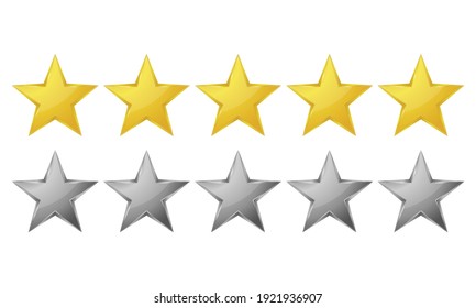 Five stars rating icon. Golden and silver stars on white background. Vector illustration