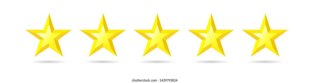 Five stars rating icon. Quality sign, rank star symbol. Yellow facet vector illustration