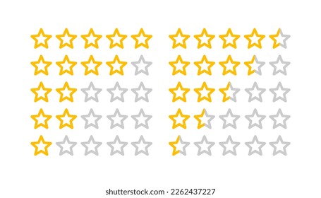 Five stars rating icon set on light background. Customer product feedback. Yellow rating stars badges. Outline, flat and colored style. Flat design.