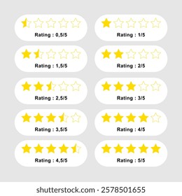 Five stars rating icon set. Feedback stars rating flat design. Costumer review in golden stars color for apps and website.