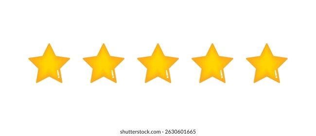 Five stars rating icon set. Yellow 5 star customer product review. Rating, feedback, 3d, bar, button, rate us, quality, transparent PNG and vector