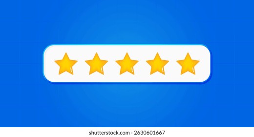 Five stars rating icon set. Yellow 5 star customer product review. Rating, feedback, 3d, bar, button, quality, blue background and vector